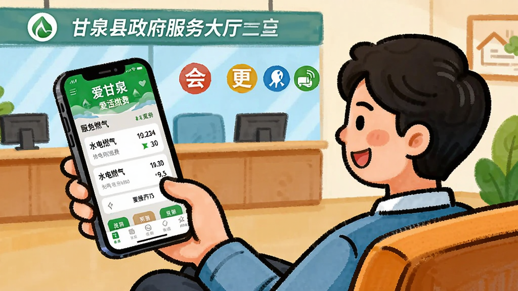 漫画风格插画,一位市民坐在家中沙发上轻松使用手机上的“爱甘泉”APP办理生活缴费,屏幕显示水电燃气账单,背景有甘泉县政府服务大厅及各类便民图标,色彩明快,画面整洁,突出便捷服务体验。