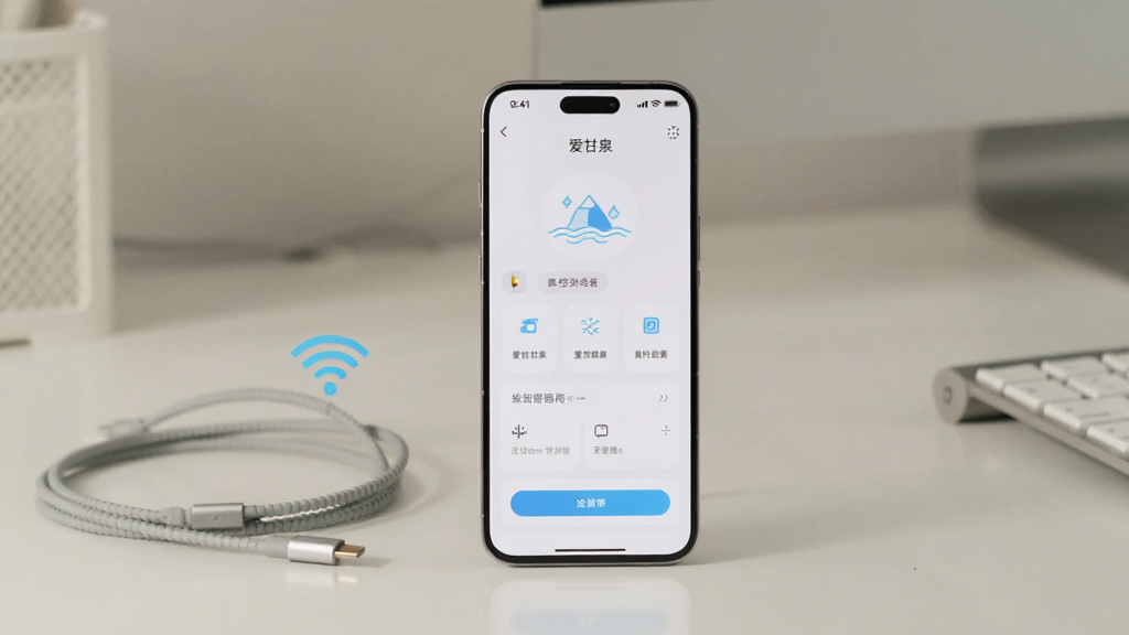 一部智能手机竖屏显示“爱甘泉”APP操作界面,旁边有充电线和无线网络图标,背景是简约办公桌,画面干净,色调柔和,突出移动端使用场景,画质清晰。