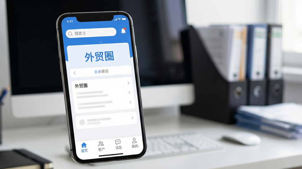 ͼƬչʾ��óȦAPP���������ܽ��棬����Ϊһ�������ֻ���Ļ��д����Ļ��������ʾ����óȦ�������棬�����ײ�����������ҳ���ͻ�����Ϣ���ҵĵ�ѡ�����������������֪ͨͼ�ꡣ���岼���ִ���࣬����������ɫ����UI��Ʊ�ƽ��������Ϊ�黯�İ칫�������е��Ժ��ļ������������Χ�����ʸ��壬���߾��ȣ�ϸ�ڷḻ���ɾ��޶���Ԫ�ء�