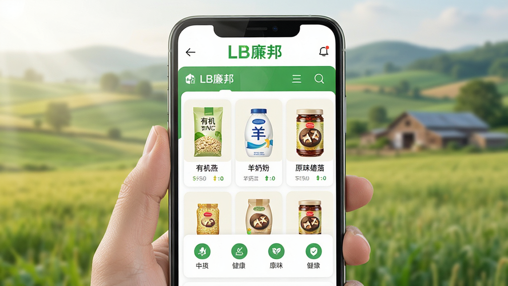 主体:手机屏幕展示LB廉邦APP主界面,顶部有“LB廉邦”品牌Logo,界面以清新的绿色和白色为主色调。布局:中央为产品展示区,陈列着有机燕麦、羊奶粉、原味香菇酱等健康食品,下方有功能图标。排版:界面层级分明,信息卡片整齐排列,整体采用扁平化设计。风格:明亮通透,自然健康。细节:屏幕反射柔和光线,背景有模糊的田园风光,画面干净无多余元素,画质高清。