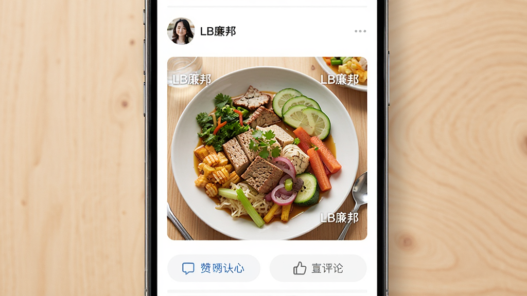 主体:LB廉邦APP社区互动界面,展示用户发布的健康餐图片和点赞评论区域。布局:采用信息流布局,用户头像与昵称在上方,图片居中,互动按钮在下方。排版:简洁明快,强调用户生成内容。风格:生活化,真实感强。细节:图片中有“LB廉邦”水印,背景为柔和原木色,干净无多余元素,画质高清。