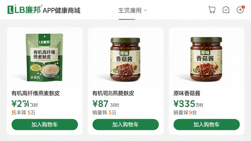 主体:LB廉邦APP健康商城页面,展示“有机高纤燕麦麸皮”和“原味香菇酱”两款产品,商品图片清晰,标注价格。布局:采用列表式排版,商品卡片横向排列,下方有“加入购物车”按钮。排版:信息层次分明,价格与销量醒目。风格:简洁商务,绿色点缀。细节:产品包装上有“LB廉邦”品牌字样,背景为浅灰,整体干净无多余元素,画质高清。