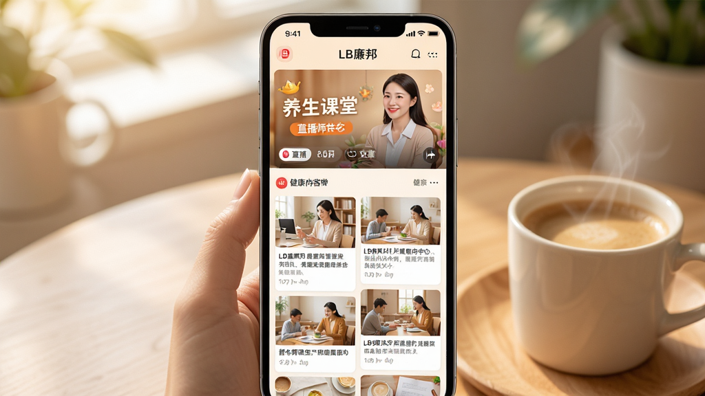 主体:LB廉邦APP健康内容中心界面,展示营养师直播和健康文章列表,封面图有“养生课堂”字样。布局:上方为直播推荐横幅,下方为文章卡片瀑布流。排版:图文混排,阅读舒适。风格:暖色调,亲和力强。细节:画面中出现手机和咖啡杯,营造学习氛围,干净无多余元素,画质高清。