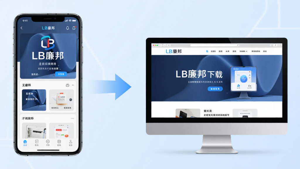 主体:手机与电脑并排展示LB廉邦使用场景,手机屏幕显示主界面,电脑屏幕显示官网下载页面。布局:左手机右电脑,中间有箭头示意。排版:对称构图,清晰直观。风格:科技感,现代感。细节:屏幕上有“LB廉邦”字样,背景为浅蓝色渐变,干净无多余元素,画质高清。