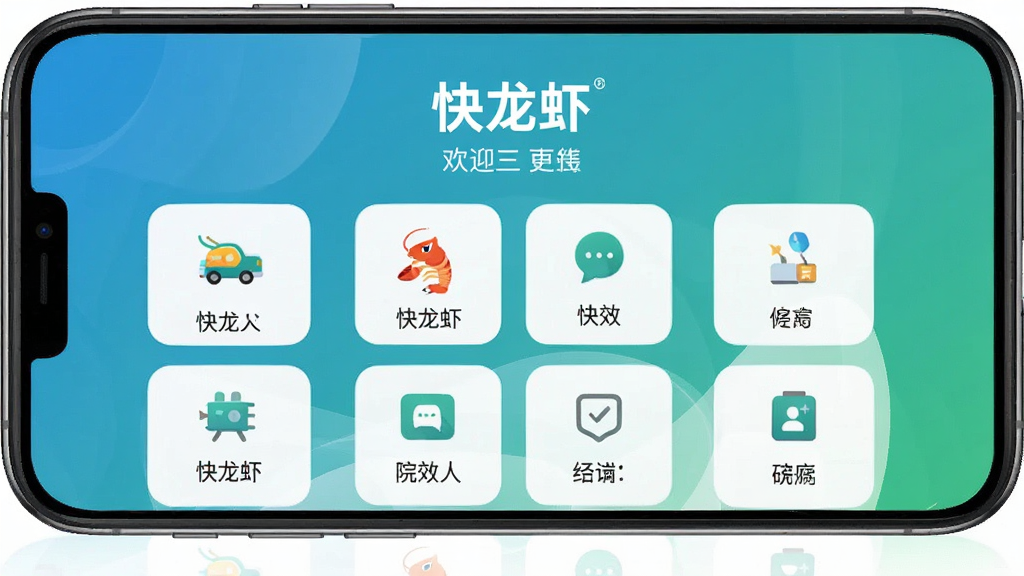 现代风格智能手机屏幕展示快龙虾应用主界面,界面布局清晰,功能图标排列整齐,上方显示“快龙虾”字样及欢迎语,背景为渐变的蓝绿色调,整体风格简洁明亮,突出高效与智能感,画质干净无多余元素