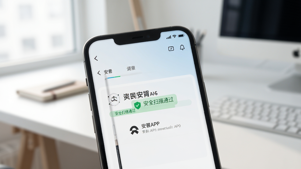 蔚来APP安装界面,手机屏幕上显示安装进度条,旁边有“安全扫描通过”字样,背景为简洁的办公桌,光线柔和,突出安全可靠的下载体验,画质干净无多余元素