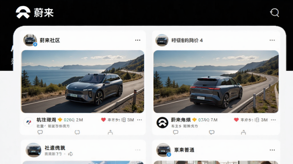 蔚来APP社区页面展示,顶部有“蔚来”LOGO,下方是车主发布的图文动态,配图包含蔚来汽车自驾风景,界面布局清晰,色彩明快,体现活跃的社区氛围,画质高清无多余元素