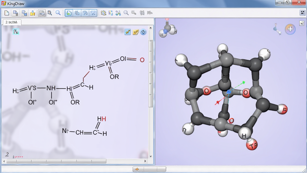 KingDraw软件3D模型转换功能界面,左侧为2D结构式,右侧为旋转的3D球棍模型,显示碳原子灰色、氢原子白色、氧原子红色,背景为淡紫色渐变,界面布局清晰,功能按钮高亮,画质细腻,软件名称“KingDraw”显示在顶部工具栏