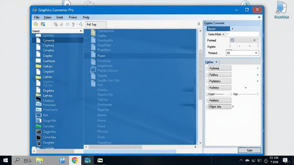 ��������ΪGraphics Converter Pro��������������Windows�����ϵ�Ԥ��ͼ�����洰�ھ�����ʾ�����Ϊ�ļ��б����Ҳ�Ϊ��ʽת��ѡ����壬���岼��������࣬�����ִ���ƽ����Ʒ����ɫ��Ϊ���״��䣬���ڱ�������ʾ��������