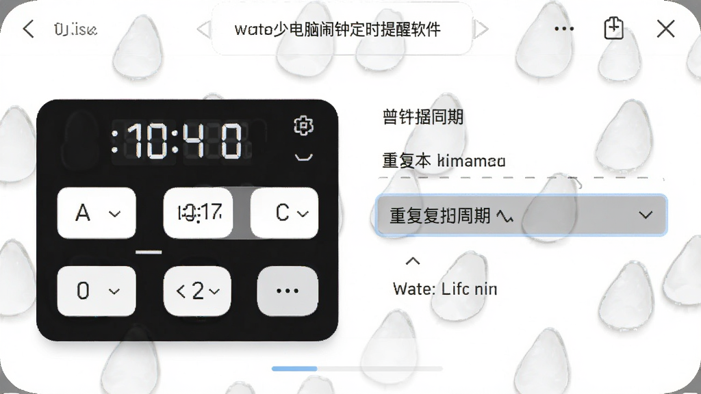 水滴电脑闹钟定时提醒软件定时设置界面特写,显示时间选择器与重复周期下拉菜单,背景为白色,界面元素排列整齐,风格清爽,细节丰富,画质干净,无多余元素