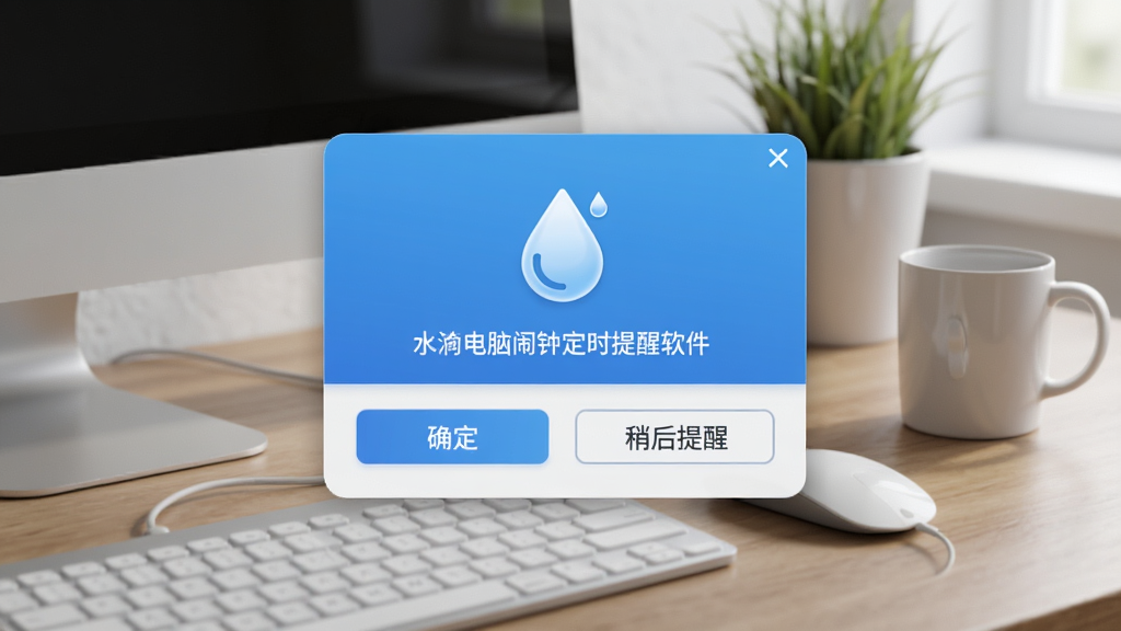 水滴电脑闹钟定时提醒软件提醒弹窗效果图,展示一个带有水滴图标的蓝色弹窗,下方有“确定”和“稍后提醒”按钮,背景为工作桌面,弹窗居中偏上,风格写实,细节清晰,画质干净