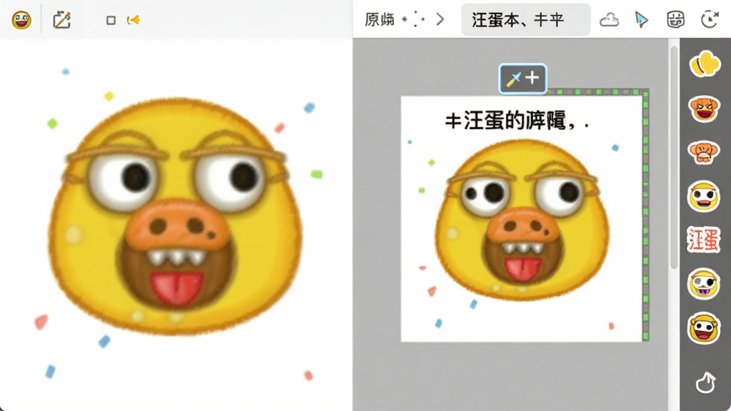汪蛋表情包自定义编辑界面,左侧为原图,右侧显示可添加的文字与贴纸工具,画布上有一只汪蛋正在编辑中,界面清晰直观,风格活泼,画质高清,干净整洁