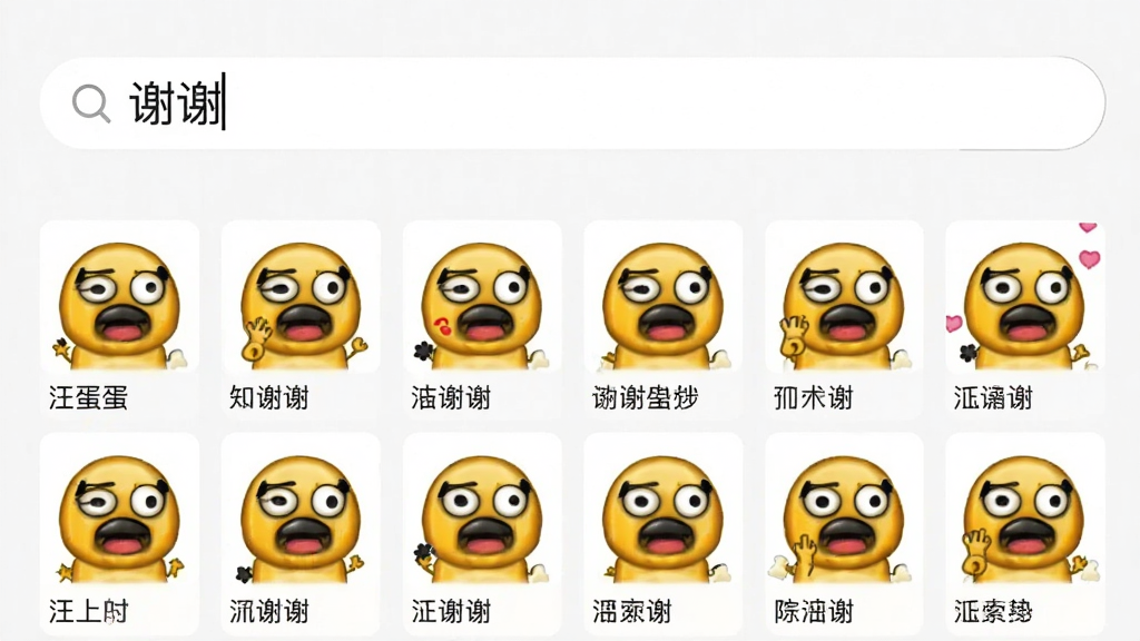 汪蛋表情包搜索功能演示图,搜索框中输入“谢谢”,下方展示出多个汪蛋致谢表情结果,界面简洁明快,搜索结果以网格形式清晰排列,画质干净高清,无多余元素