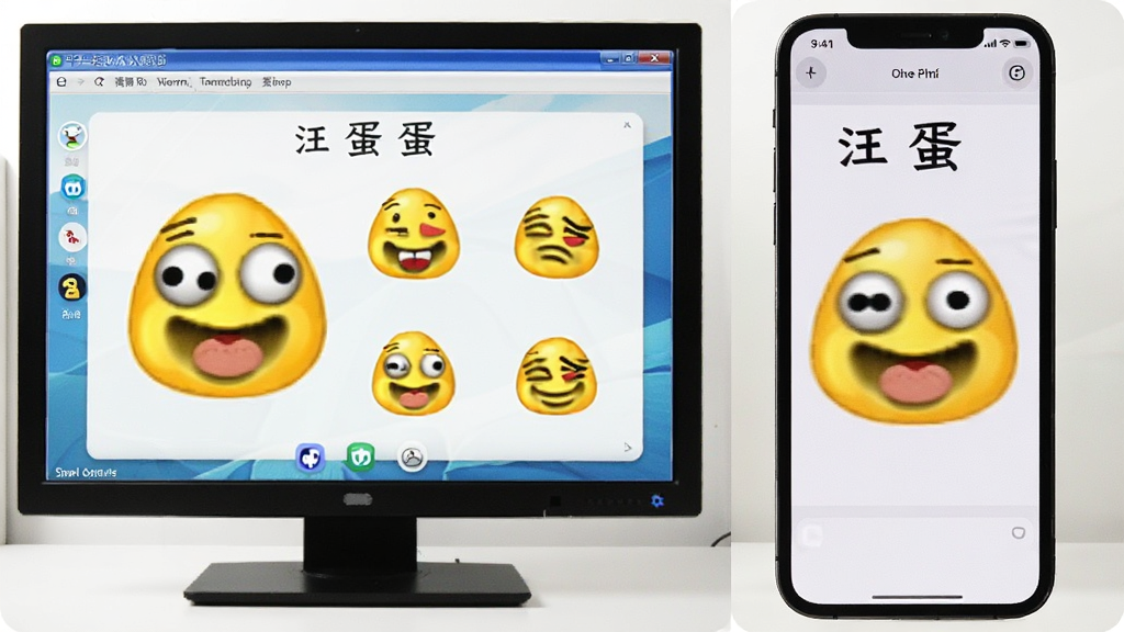 汪蛋表情包在电脑模拟器和手机上运行对照图,左侧为电脑窗口,右侧为手机屏幕,均显示汪蛋表情主界面,画面清晰,设备外观干净,背景简洁,突出跨平台兼容性,画质高清干净