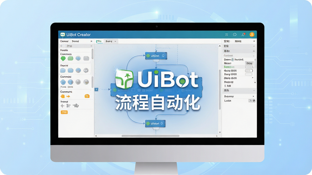 UiBot�����������Ӿ�ͼ������Ϊ������Ļ��չʾ��UiBot Creator����ͼ�༭���棬�����������塢�м�Ϊ��קʽ������ƻ������Ҳ�Ϊ������������壬��������רҵ���������ִ���Լ������Ϊ����ɫ�Ƽ��н��䣬��Ļ������ʾ��UiBot��Logo�����ġ������Զ�����������ϸ�ڰ�������������������ģ��ڵ㣬���ʸ���ɾ����޶���Ԫ�ء�