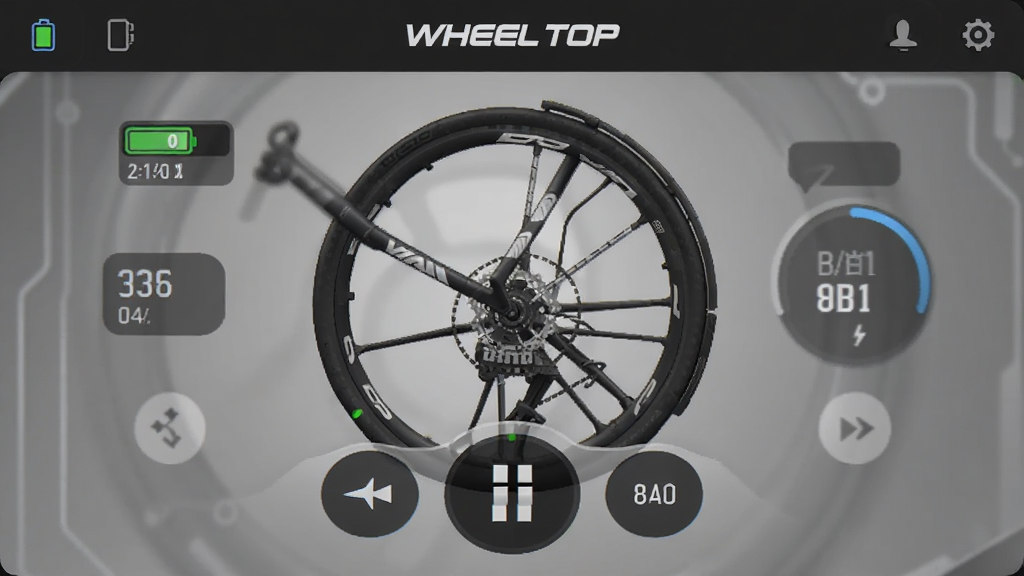 一张展示WHEEL TOP应用主界面的高清截图,界面显示自行车电子变速系统的模拟图,电量图标和变速档位清晰可见,背景为简约的深灰色科技感风格,居中构图,UI设计现代,细节丰富,画质干净无多余元素