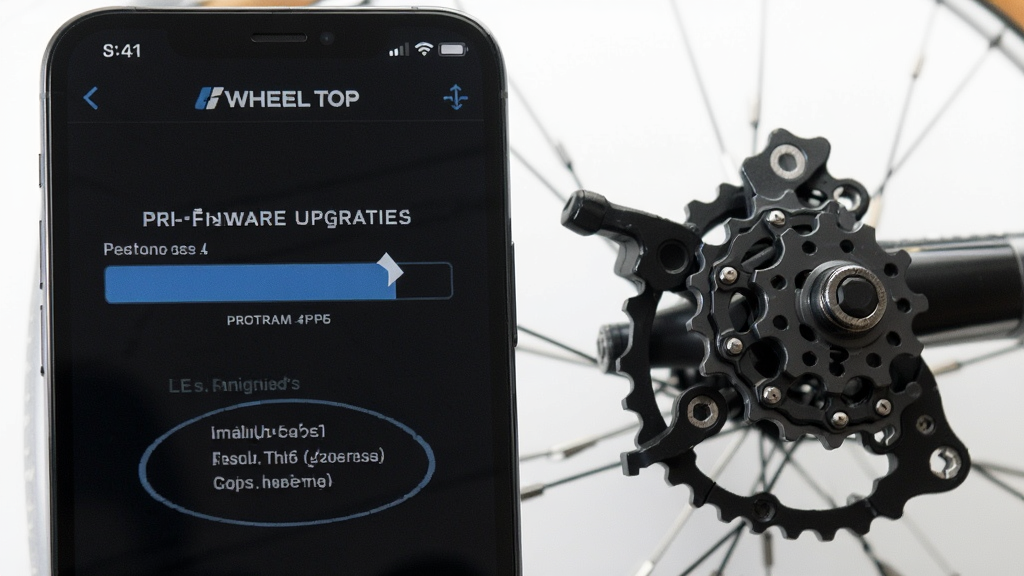 一张使用WHEEL TOP应用进行固件升级的流程图,手机屏幕显示进度条,旁边放着自行车变速器,背景干净明亮,风格简洁,清晰展示操作步骤,画质高清