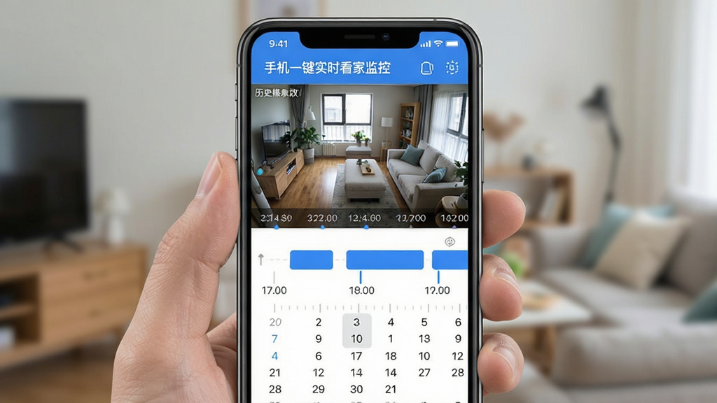 主体:手机屏幕显示历史录像回放时间轴,画面上方是监控视频,下方是日历与时间刻度。布局:手机竖屏展示,界面清晰直观。排版:时间轴以蓝色高亮标记有移动事件的时段。风格:简洁现代的UI设计风格。细节:屏幕上标注“手机一键实时看家监控”软件名称,录像画面清晰。画质:界面渲染精细,颜色舒适,无多余元素。