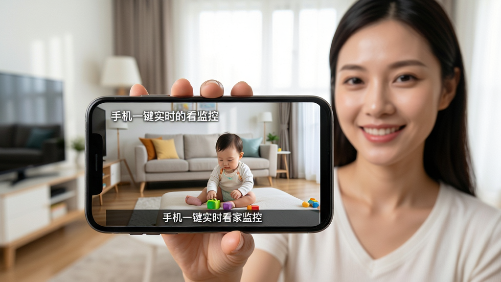 主体:一位年轻妈妈微笑着手持智能手机,屏幕中清晰显示家中客厅的实时监控画面,宝宝在画面里玩耍。布局:手机屏幕作为视觉中心,占据画面主体约二分之一,背景为温馨的现代家庭客厅,光线明亮柔和。排版:手机屏幕朝向前方,画面中同时展现手机中的监控界面与真实客厅场景,形成画中画效果。风格:写实风格,色彩明快自然,人物表情亲切。细节:手机屏幕中监控画面清晰可见,标注文字“手机一键实时看家监控”,画面干净整洁。画质:高清细腻,光线充足,无多余元素。