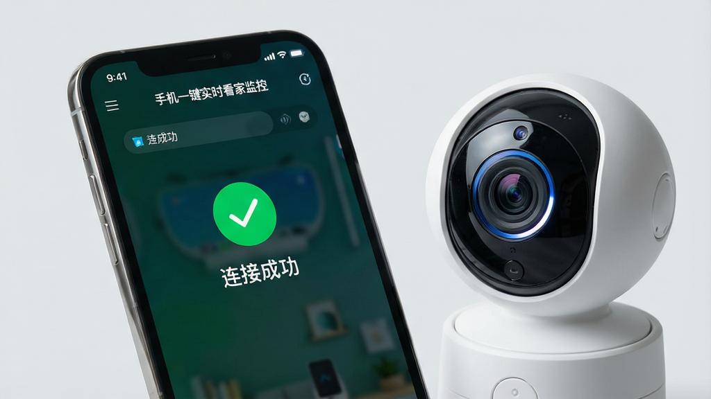 主体:一部智能手机屏幕显示连接成功界面,旁边放着一个家用摄像头。布局:手机与摄像头并排摆放,手机屏幕亮起显示绿色对勾与“连接成功”字样。排版:画面简洁明了,突出手机屏幕中的操作界面。风格:现代科技感风格,背景干净浅灰色。细节:手机屏幕中显示“手机一键实时看家监控”软件界面,摄像头镜头微微发光暗示运行状态。画质:清晰锐利,焦点准确,无多余元素。