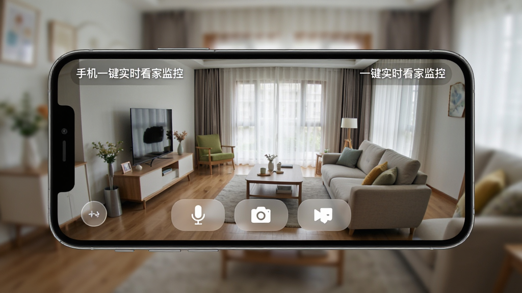 主体:一部手机正在播放监控画面,画面中显示客厅场景,下方有功能按钮。布局:手机横屏展示,屏幕中央是监控区域,底部有麦克风、拍照、录像等按钮。排版:手机全屏显示监控画面,按钮半透明悬浮。风格:现代UI风格,背景为家庭实景。细节:屏幕角落标注“手机一键实时看家监控”水印,画面清晰。画质:高分辨率,光线自然,无多余元素。