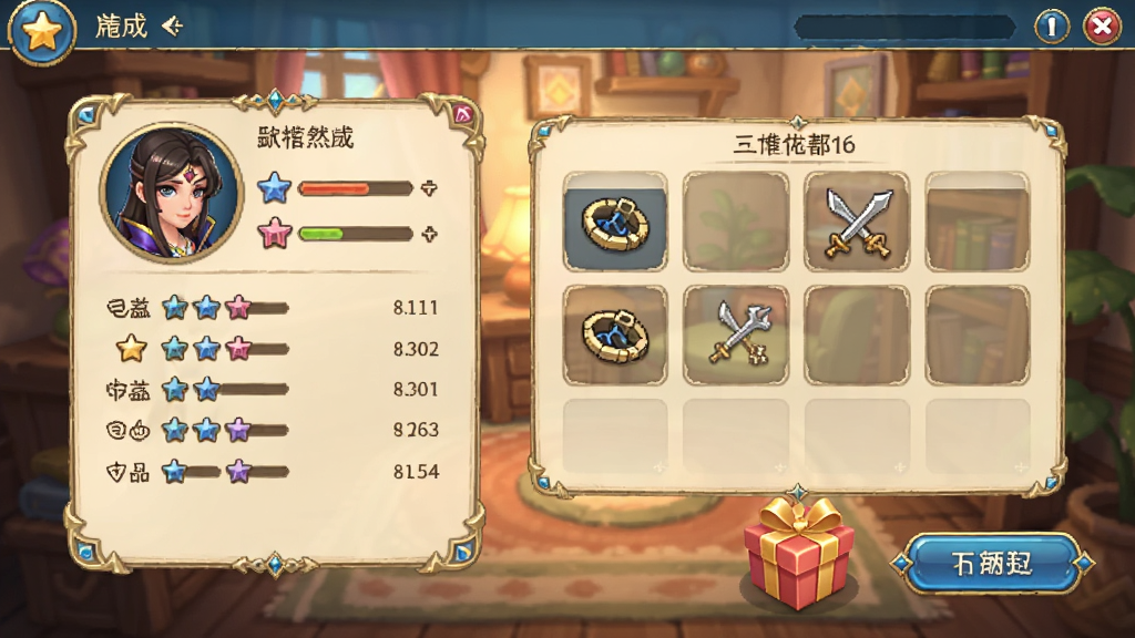 角色养成界面,显示角色属性面板与装备栏,旁边有礼物盒与互动按钮,整体界面设计华丽,背景为温馨的室内场景,色彩柔和,细节丰富,画质干净。