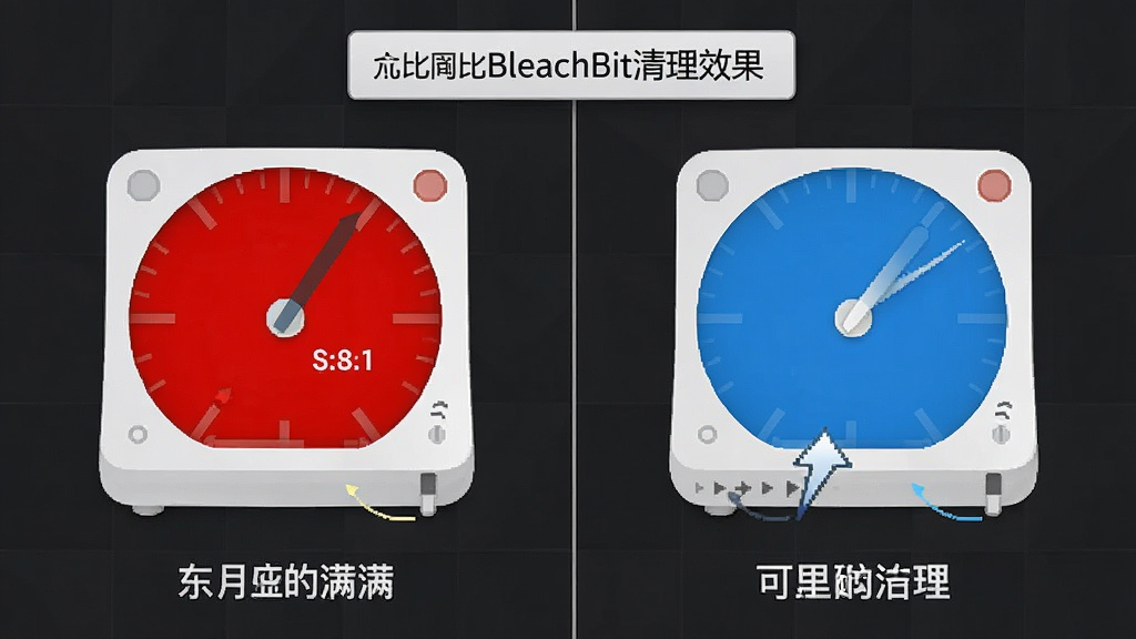 主体为电脑磁盘空间前后对比的示意图,左侧磁盘几乎爆满显示红色,右侧清理后显示大量蓝色可用空间,布局左右对比,排版简洁明了,风格信息图表风格,细节标注“BleachBit清理效果”,画质干净无多余元素