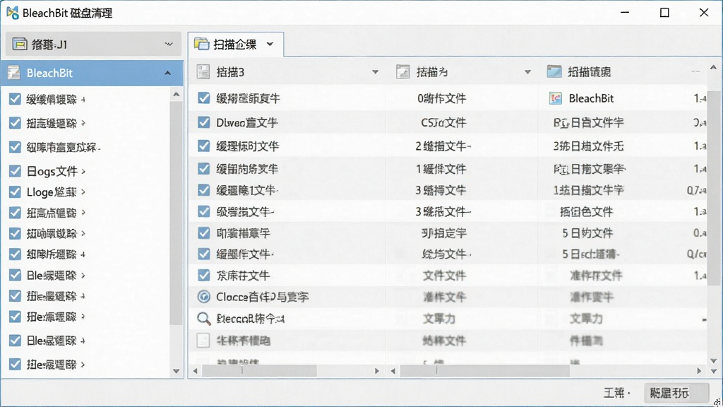 主体为软件BleachBit的主界面截图,布局清晰展示左侧功能列表与右侧扫描结果详情,排版干净有序,风格扁平化现代感,细节包括各类缓存文件、日志文件的勾选项,画质高清干净,无多余元素,界面文字显示“BleachBit 磁盘清理”