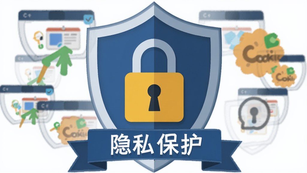 主体为盾牌与锁的图标,周围环绕着被清除的浏览历史、Cookie等图标残影,布局居中构图,排版庄重,风格扁平化插画风,细节突出“隐私保护”字样,画质干净无多余元素