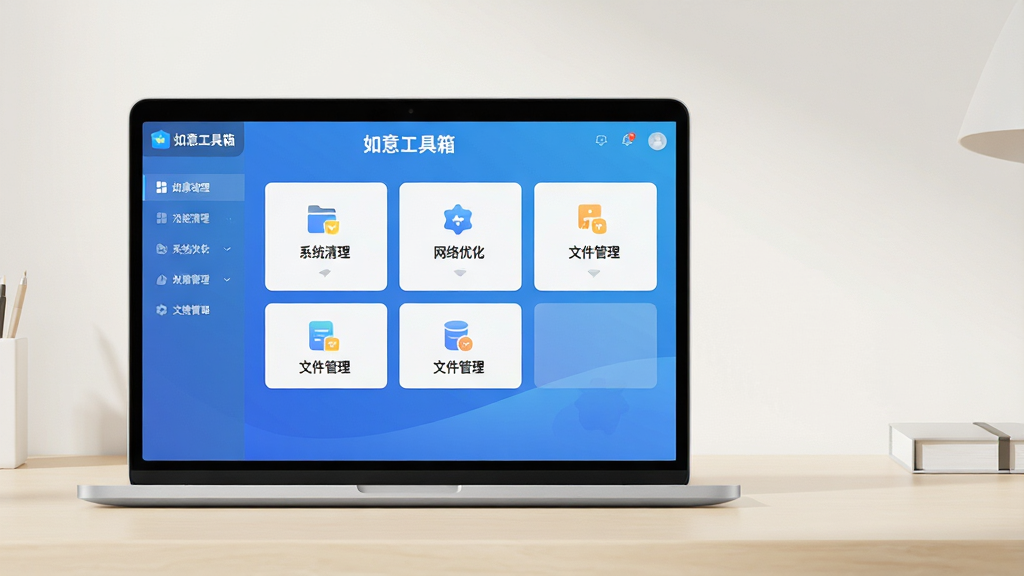 主体:一台现代化的笔记本电脑屏幕中显示“如意工具箱”主界面,界面采用蓝色渐变主题,左侧为功能导航栏,右侧展示系统清理、网络优化、文件管理等功能卡片,布局清晰直观。排版:电脑位于画面中央偏左,右侧留有空间展示软件界面细节,整体为平视角度,背景为干净的浅色办公桌。风格:扁平化UI设计,搭配柔和光影,符合现代科技感。细节:软件界面中每个功能卡片带有小图标,主界面顶部显示“如意工具箱”字样,画质高清,干净无多余元素。