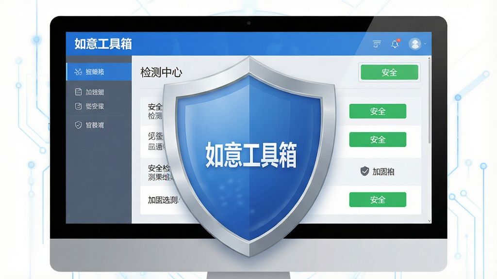 主体:一个盾牌图标守护着电脑屏幕中的“如意工具箱”安全中心界面,界面中列出安全检测结果和加固选项,以蓝色和灰色为主。布局:盾牌位于画面中央,电脑屏幕在后方作为背景,整体构图稳重。风格:安全、专业、科技感。细节:界面中显示“如意工具箱”字样,检测结果为“安全”,按钮为绿色,画质高清,干净无多余元素。