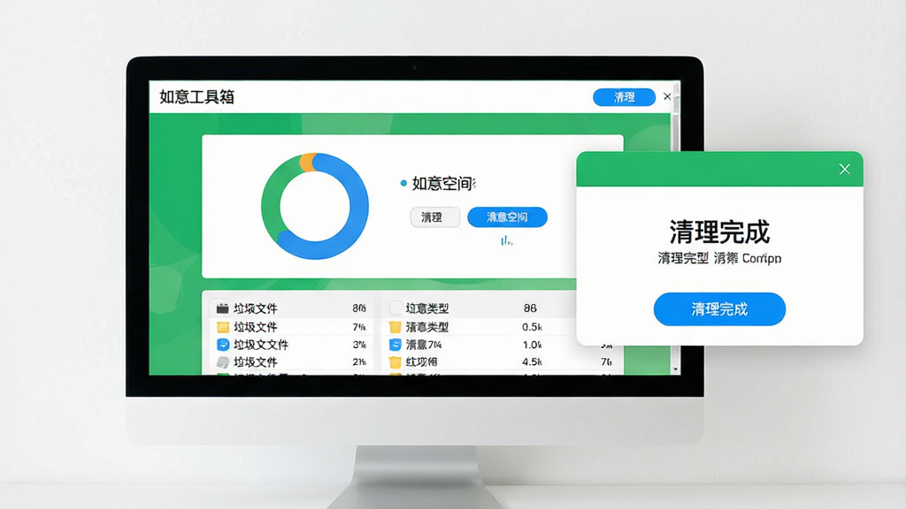主体:一台台式电脑屏幕中显示“如意工具箱”的清理结果页面,磁盘空间以环形图显示,下方列出清理出的垃圾文件类型和大小,界面以绿色和白色为主色调。布局:电脑屏幕占据画面大部分,右侧有一个放大的“清理完成”弹窗,背景为简约的白色墙壁。风格:科技感与清新感结合,扁平化设计。细节:界面中显示“如意工具箱”字样,清理按钮为蓝色高亮,画质高清,干净无多余元素。