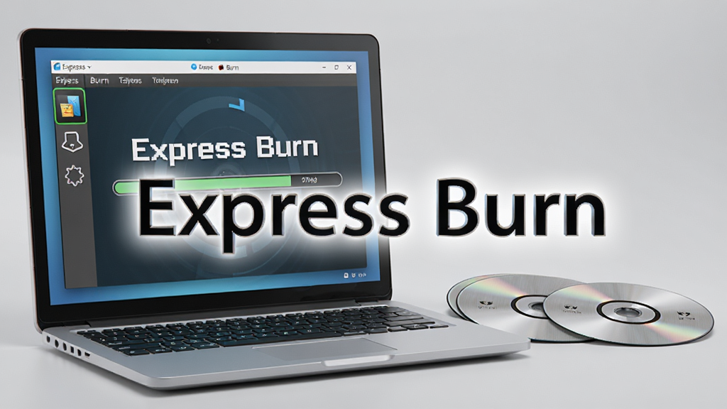 ���壺һ̨�ʼǱ������Ա߰ڷ��ż��Ź��̣���Ļ��ʾExpress Burn��¼���档���֣��������󣬹������ң�����Ϊ�ɾ���ǳ��ɫ����̨���Ű棺��������ͻ����Express Burn������������������3D��Ⱦ��������ͣ��Ƽ��С�ϸ�ڣ����̱�����ϸС����������ͼ�������ɼ������ʣ����壬�ɾ����޶���Ԫ�ء�