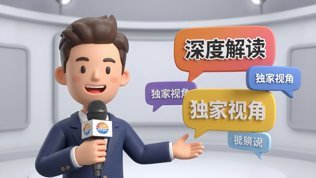 主体为一位手持话筒的卡通主持人形象,身旁悬浮多个气泡对话框,内写“深度解读”“独家视角”字样。布局为左右平衡式,左侧主持人,右侧文字气泡,背景为浅灰色演播室场景。风格为3D卡通渲染,细节突出麦克风品牌标识与话题标签,画质干净明亮,无多余元素。