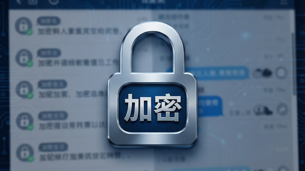 主体:锁形图标与聊天界面结合,锁位于界面中央,半透明背景显示模糊的聊天记录。布局:锁形图标突出,占画面主体,背景为深蓝色科技感纹理。排版:简洁大方,锁形图标内嵌“加密”字样。风格:科技感、安全感,色调以深蓝与银色为主。细节:锁形图标带有金属质感光泽,背景隐约可见对话列表,但无法辨认内容,体现加密保护。画质:超高清,干净,无多余元素。