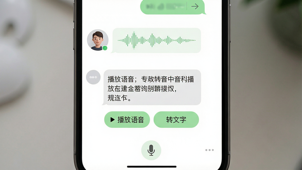 主体:手机界面中语音消息下方显示转换出的文字内容,并有“播放语音”与“转文字”按钮。布局:手机屏幕占据画面中央,左侧为联系人头像,右侧为对话内容。排版:文字清晰,转换结果用浅灰色底框突出。风格:干净明亮,白底为主,配合浅绿色按钮。细节:语音波形图在消息条内显示,转换文字准确,无错别字,界面底部有麦克风图标。画质:超高清,干净,无多余元素。