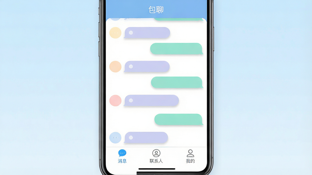 主体:手机屏幕展示“包聊”应用主界面,界面简洁现代,上方显示对话列表,有多个聊天气泡,气泡颜色柔和。布局:手机居中,屏幕内容清晰可见,背景为干净的浅蓝色渐变。排版:界面元素排列整齐,对话列表清晰,标题栏显示“包聊”字样。风格:扁平化设计,色彩清新,符合社交应用气质。细节:聊天气泡带有轻微阴影,底部导航栏有“消息”、“联系人”、“我的”三个图标,图标精致。画质:超高清,干净,无多余元素。