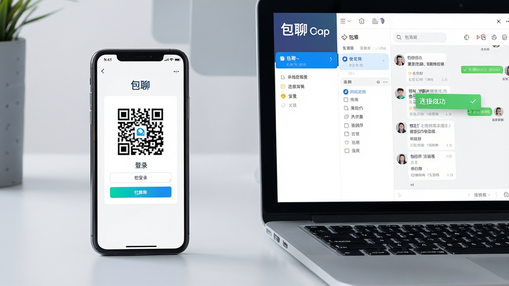 主体:手机与电脑并排,屏幕显示“包聊”界面,手机显示二维码登录界面,电脑显示聊天窗口。布局:左侧手机,右侧电脑,背景为浅灰色工作台。排版:设备摆放整齐,屏幕内容清晰明亮。风格:商务简约,光线柔和。细节:手机屏幕中二维码清晰,电脑屏幕中显示“包聊”Logo与聊天列表,旁边有“连接成功”提示。画质:超高清,干净,无多余元素。
