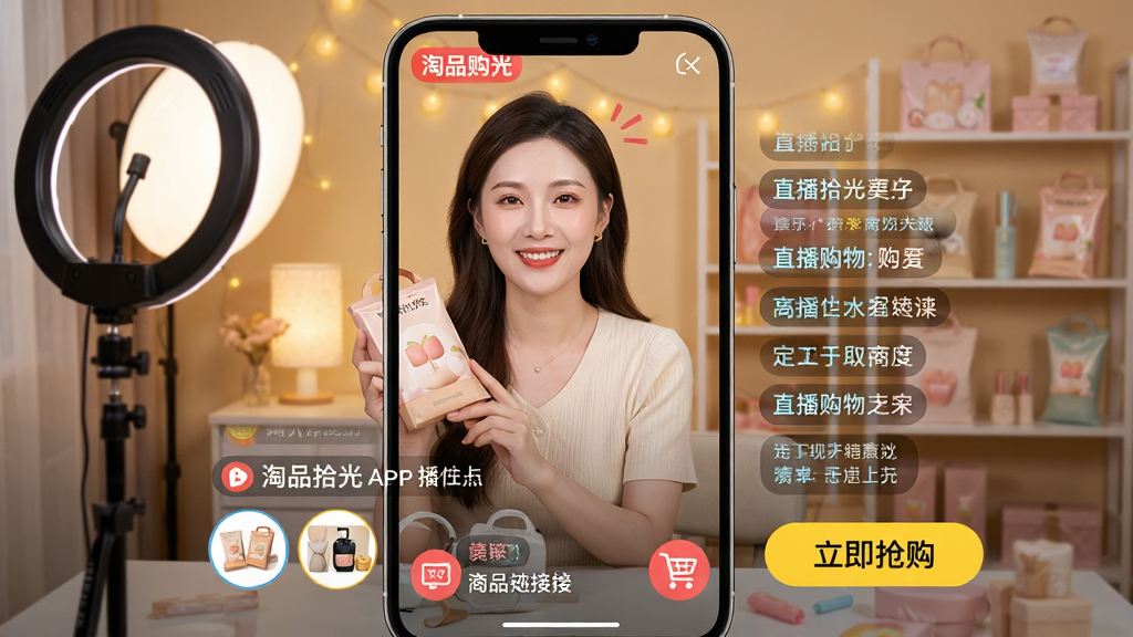 ���壺��Ʒʰ��APP��ֱ��������棬�����ֳ���Ʒ��Ծ�ͷ����Ļ�ײ�����Ʒ���Ӻ͹��ﳵͼ�꣬�С�ֱ��������֡����֣��ֻ���Ļ�������У�����λ�ڻ�������ƫ���Ҳ��е�Ļ�������Ű棺ֱ������ռ������֮�����·���Բ����Ʒ����ͼ�ͻ�ɫ����ť������������ã�ɫ�����ޣ�дʵ���ϸ�ڣ�����΢Ц������Ϊ��ܰ��ֱ���䣬�в���ƺͲ�Ʒչʾ�ܣ���Ļ������������ť��д�����������������ʣ����壬�ɾ����޶���Ԫ�ء�