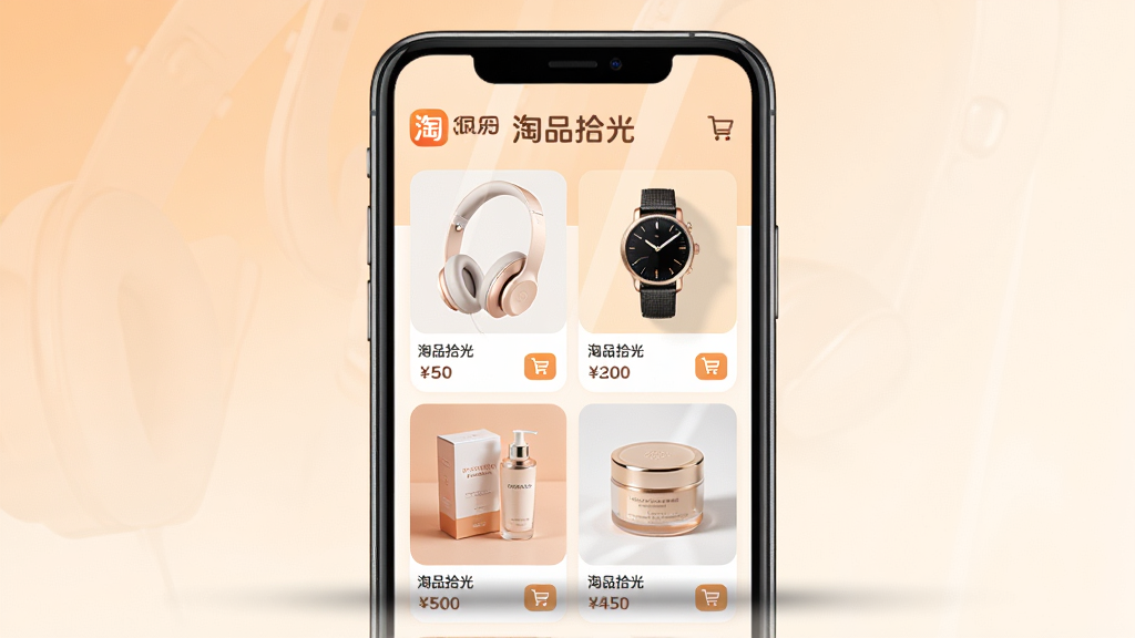 ���壺��Ʒʰ��APP����չʾ���ֻ���Ļ�ڳ��־�����Ʒ�ٲ������С���Ʒʰ�⡱��������Ļ�Ϸ������֣��ֻ����У���ֱ��ͼ������Ϊ��ͽ���ǳ�����װ�ɫ���ֻ��·�����Ӱ���Ű棺��Ʒ��Ƭ�������У��м۸��ǩ�͹��ﳵͼ�꣬��������������ִ����򣬱�ƽ����ƣ�ɫ��������ů����Ⱦͼ���ϸ�ڣ���Ļ���������Ȼ����ƷͼƬ�����������������ֱ�������Ʒ���ӣ����֡���Ʒʰ�⡱����Բ�����壬Ʒ��logoλ�����Ͻǡ����ʣ�8k�ֱ��ʣ����壬�ɾ����޶���Ԫ�ء�