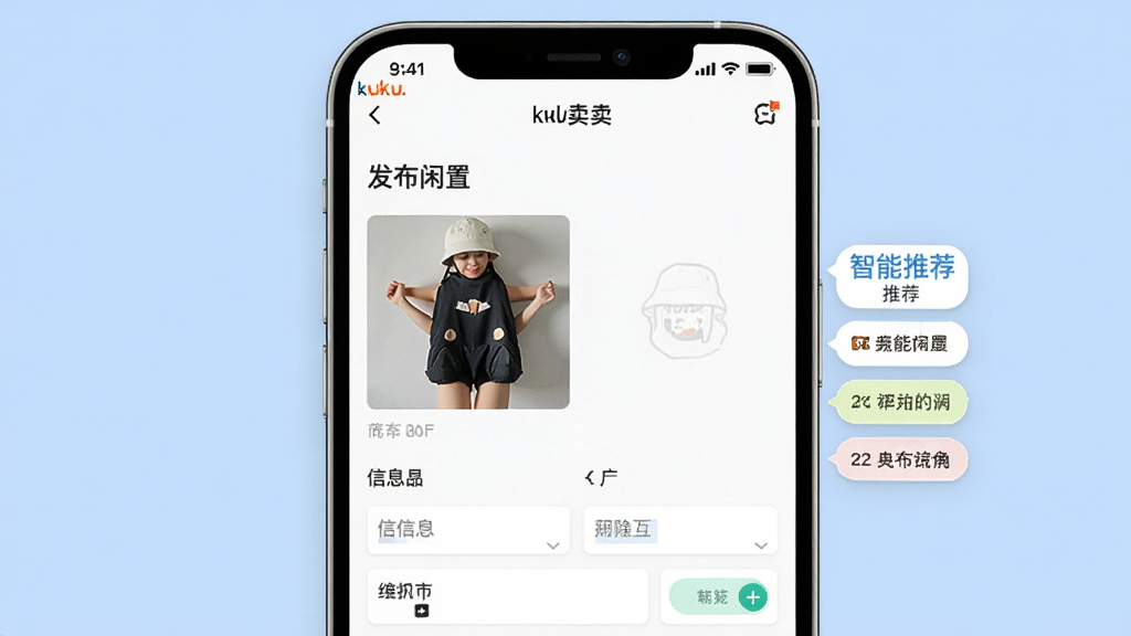 ������չʾ��kuku����Ӧ�õġ�������Ʒ��ҳ�棬ҳ�涥���С��������á����⣬�·�Ϊ��Ʒ��Ƭ�ϴ���������Ϣ��д�������Ҳ����������Ƽ���ǩ�������ɾ�Ϊǳ��ɫ������������������£�ϸ�����������ʸ��壬�޶���Ԫ��