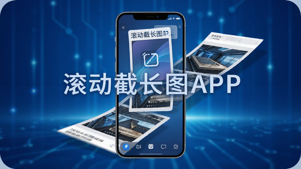 主视觉展示智能手机屏幕中正在滚动截取网页长图,界面显示