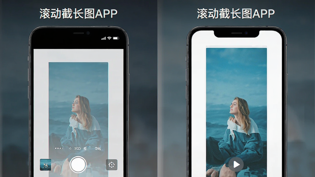 特写应用自动滚动屏幕的连续帧对比示意,界面标注