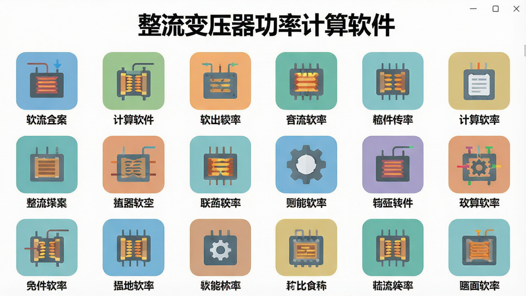 主体:软件功能模块选择界面,展示多种计算模式图标;布局:网格状排列,每个图标下方标注名称;排版:均匀分布,视觉平衡;风格:扁平化设计,色彩清新;细节:图标上方有“整流变压器功率计算软件”字样,背景干净;画质:高清,无多余元素