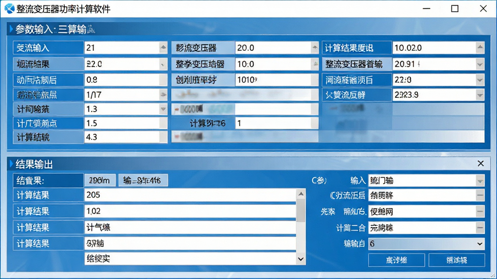 主体:软件主界面,显示整流变压器计算参数输入框与结果输出区域;布局:上方参数输入区,下方计算结果展示区;排版:清晰对齐,信息层级分明;风格:专业软件界面风格,蓝白配色;细节:界面中显示“整流变压器功率计算软件”标题及各类参数表格;画质:高清,干净,无多余元素