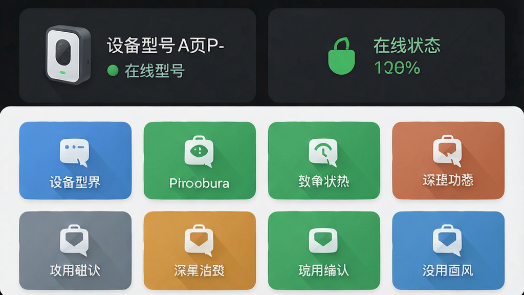 一张应用界面预览图,主体是格行APP的设备管理页面,布局为上下结构,上方展示设备型号和在线状态,下方为功能按钮网格。排版清晰明了,风格为现代扁平化UI设计,细节上突出按钮图标的精致感,画质高清,整体干净整洁无多余元素。