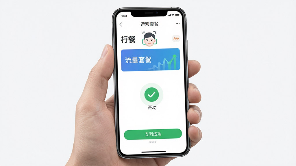 一张手机支付场景示意图,主体是手持手机进行人脸识别支付的半截手掌,手机屏幕显示格行APP的套餐选购页面,标注有“流量套餐”字样。布局聚焦于屏幕和支付动作,风格写实,细节上体现支付成功后的对勾标志,画质清晰,背景简洁干净。