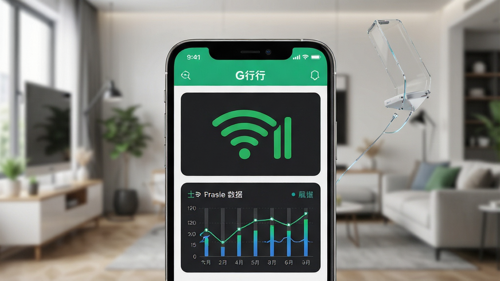 一张高清产品展示图,主体是智能手机屏幕正显示格行APP的管理界面,界面风格简洁清晰,背景是虚化的现代家居环境。布局上手机占据画面中心,屏幕内容清晰可辨。风格为科技感商业摄影,细节上突出屏幕中WiFi信号满格和流量数据可视化图表,画质细腻,干净无多余元素。