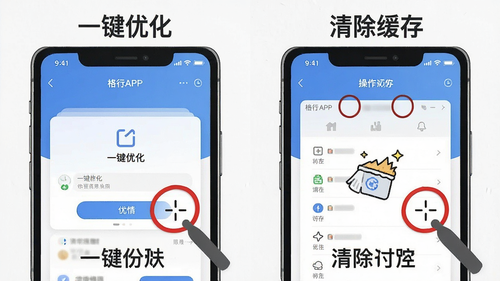 一张分步操作指引图,主体是手机屏幕截图拼贴画,展示了格行APP中“一键优化”和“清除缓存”的操作路径。布局采用左右分栏对比,风格为简洁的教程插画风,细节上使用红色圆圈标出点击位置,画质清晰,背景干净无杂物。