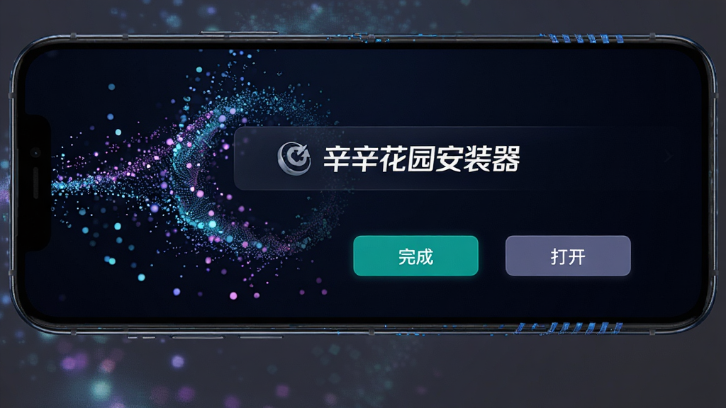 一部手机屏幕显示“辛辛花园安装器”的安装成功界面,背景为动态的粒子效果,旁边有“完成”和“打开”两个按钮,整体采用深色调,突出科技感,细节丰富。